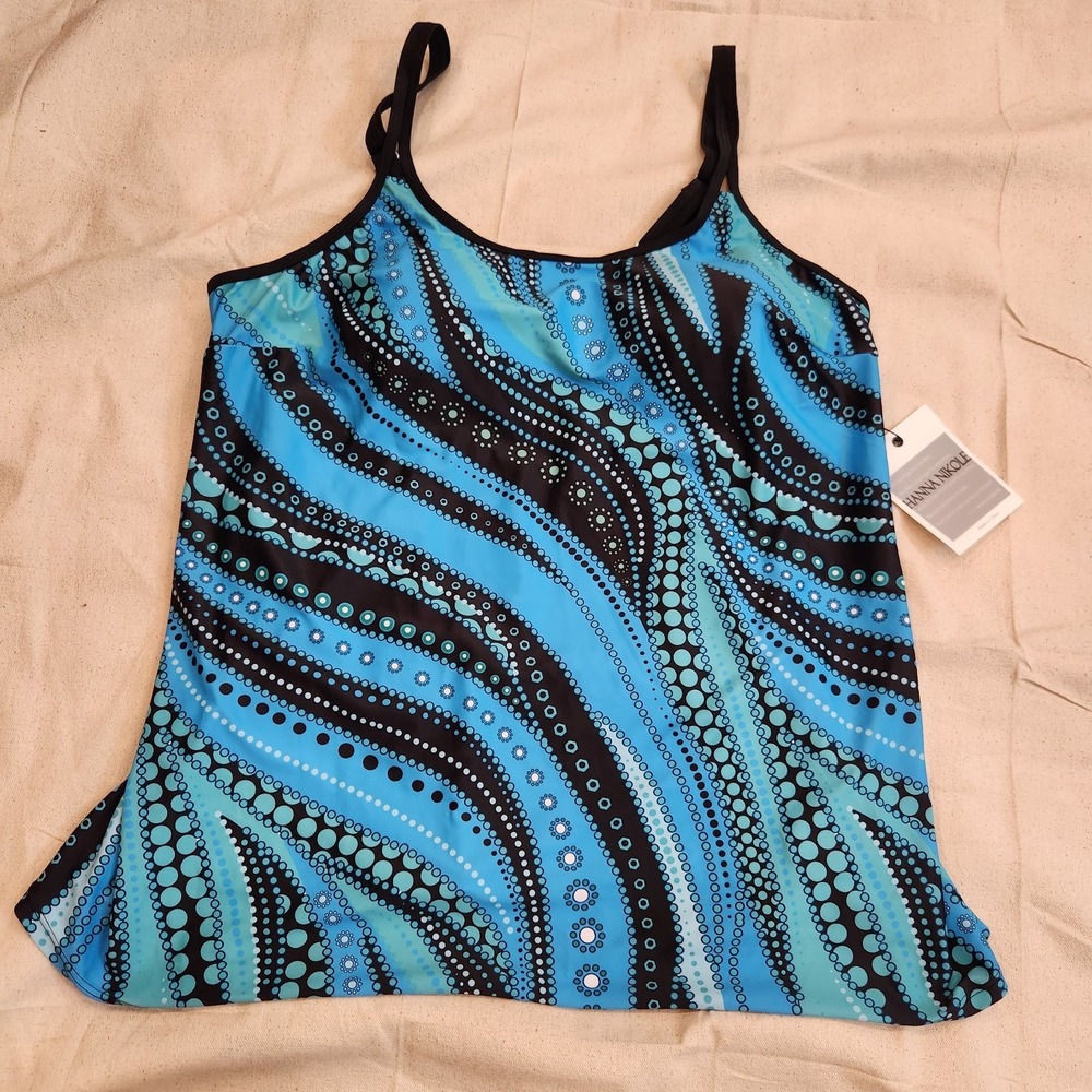 New Hanna Nikole Womens Plus Size 20W Tankini Swim Top Blue Black Adjustable Tag